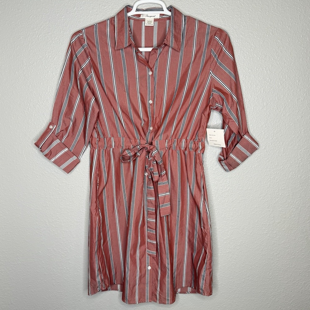 Passport Rust Ivory Stripe Shirt Dress Tie Waist Button Front Casual Boho L